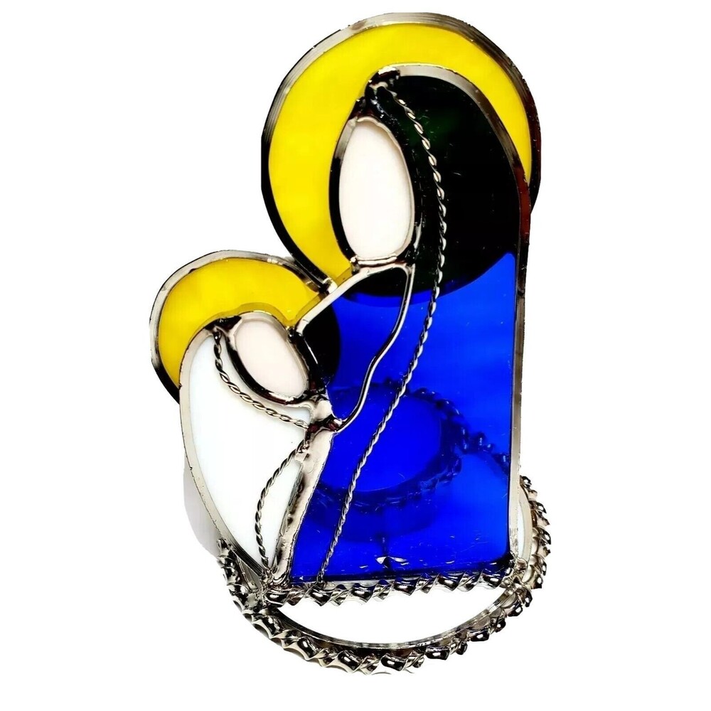 Stained Glass Votive Candle Holder Virgin Mary Baby Jesus 5" Religious VTG New!